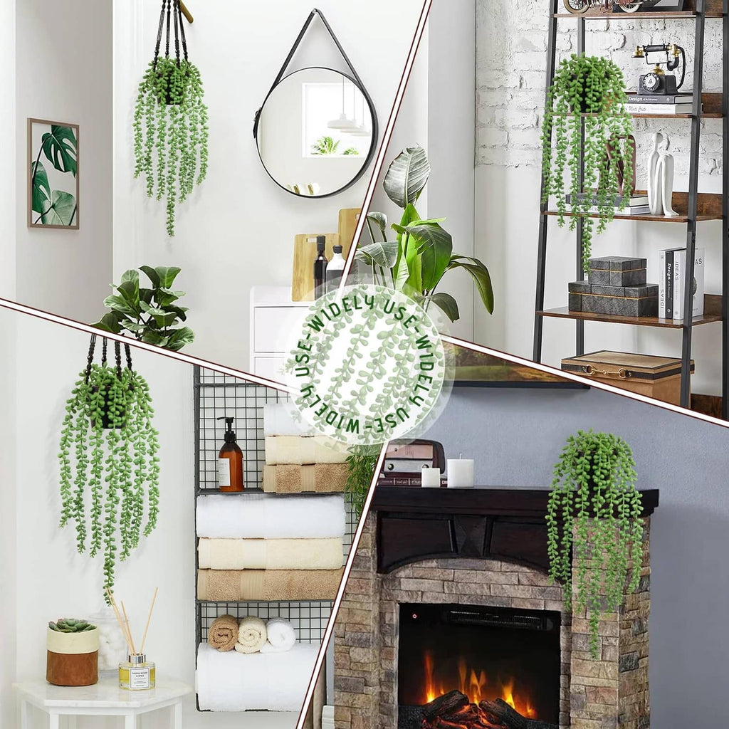 Multiple hanging artificial string of pearls plants with green bead-like vines