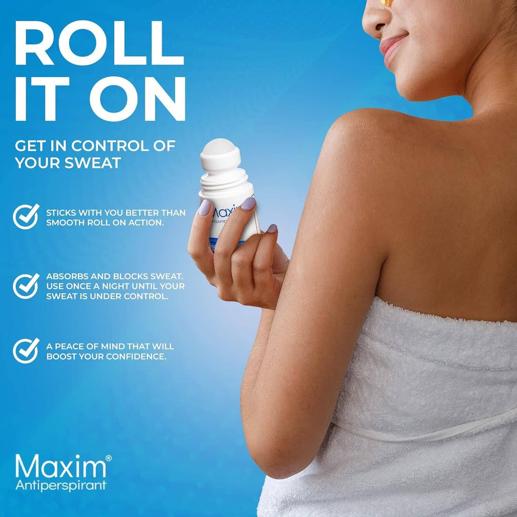 Maxim roll-on antiperspirant bottle held near underarm area on torso