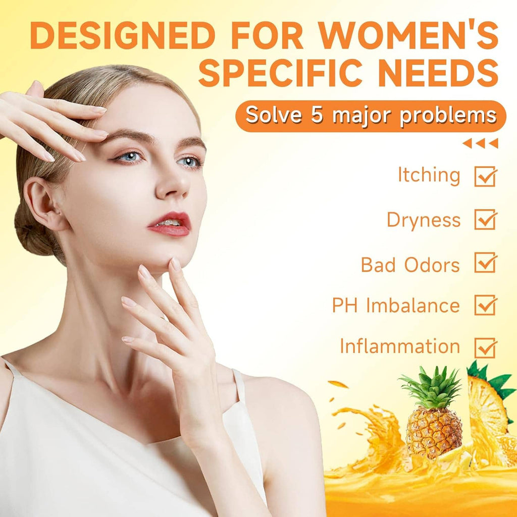 Women's yoni soap care infographic with skin need icons and pineapple graphics