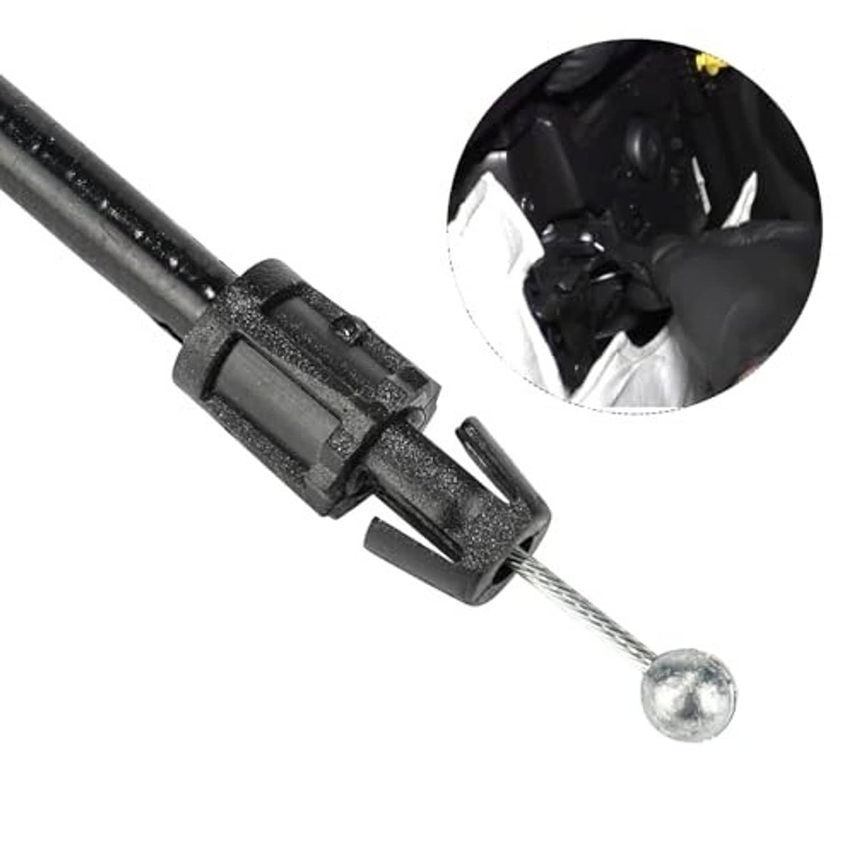 Inside door latch release cable, black plastic clip with metal pin, close-up