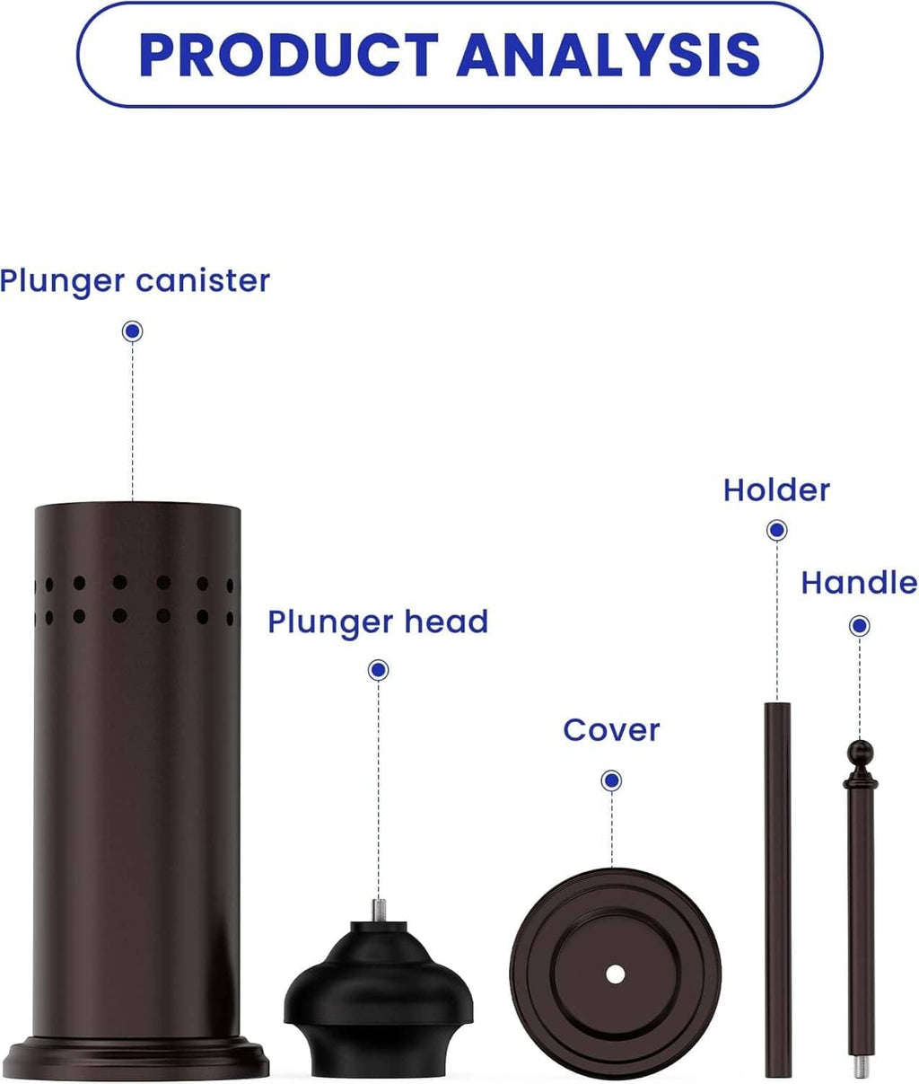 Bronze toilet plunger with perforated canister holder, plunger head and cover