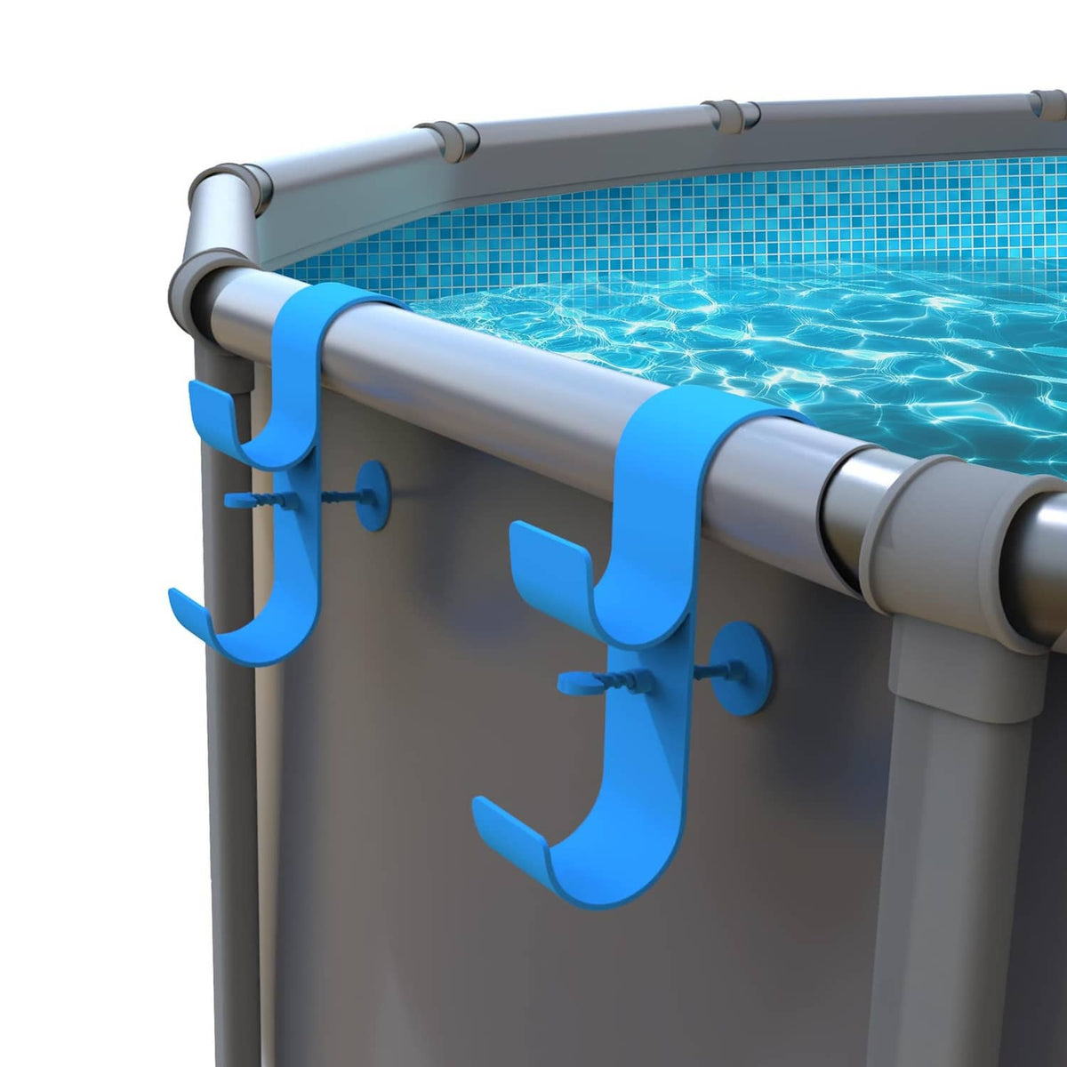 Pool leaf skimmer net holder with blue adjustable hooks for above-ground pools