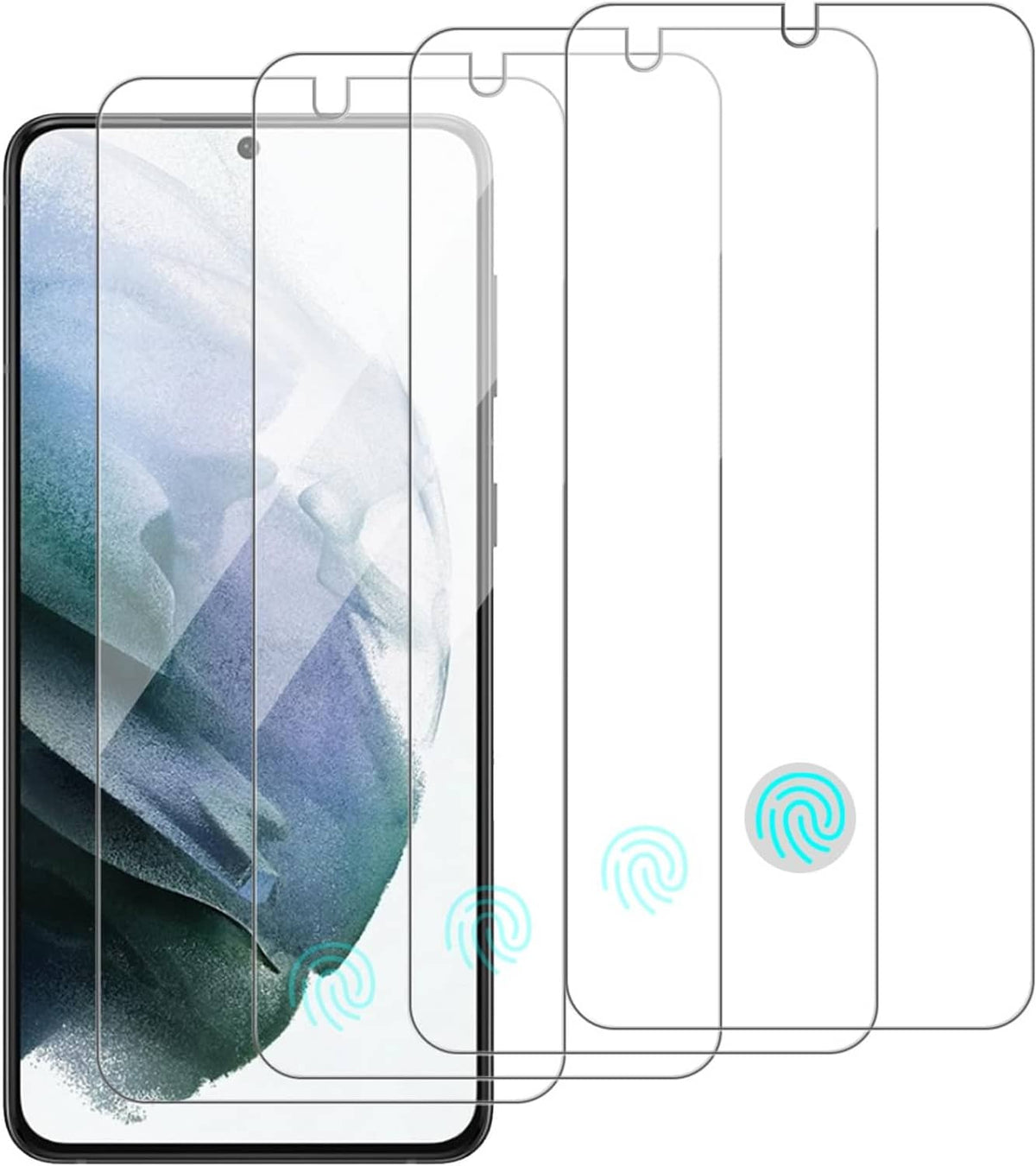 4-pack clear tempered glass screen protectors with fingerprint-ready alignment icons