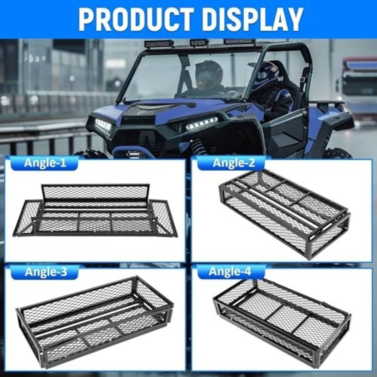 Black steel mesh cargo basket with open top, wire grid tray, and side rails