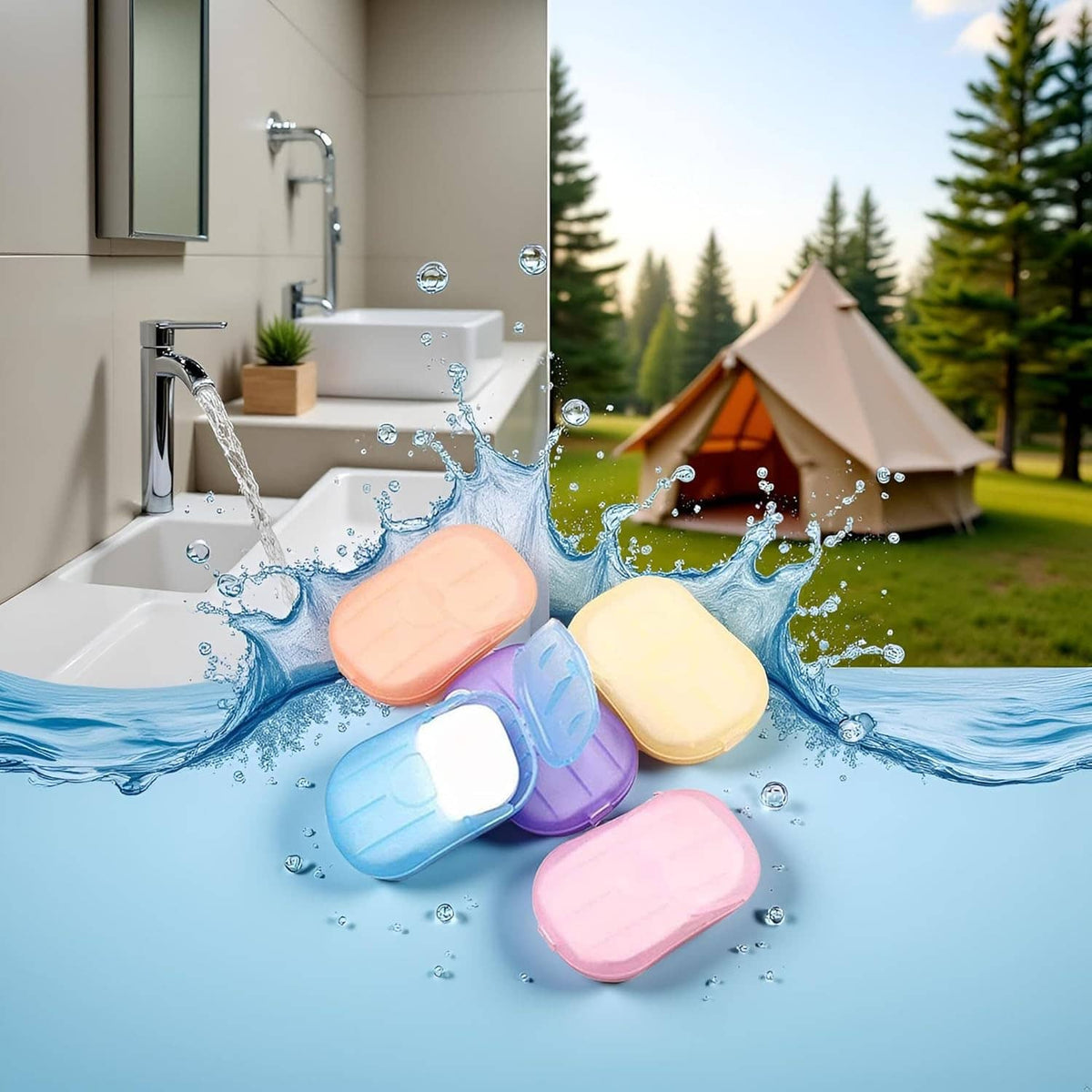 Pastel disposable soap paper sheets with water splash, orange, yellow, blue, purple, pink