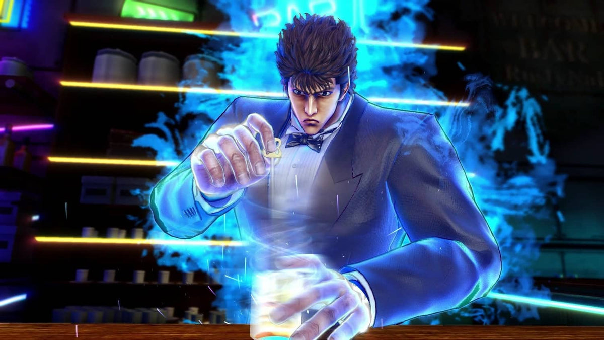 Gameplay scene of spiky-haired fighter pointing forward with blue energy sparks