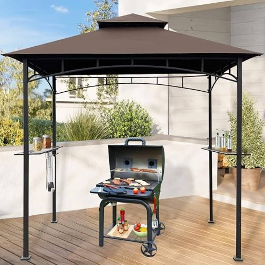 Brown gazebo BBQ canopy top over built-in grill area with dark metal frame