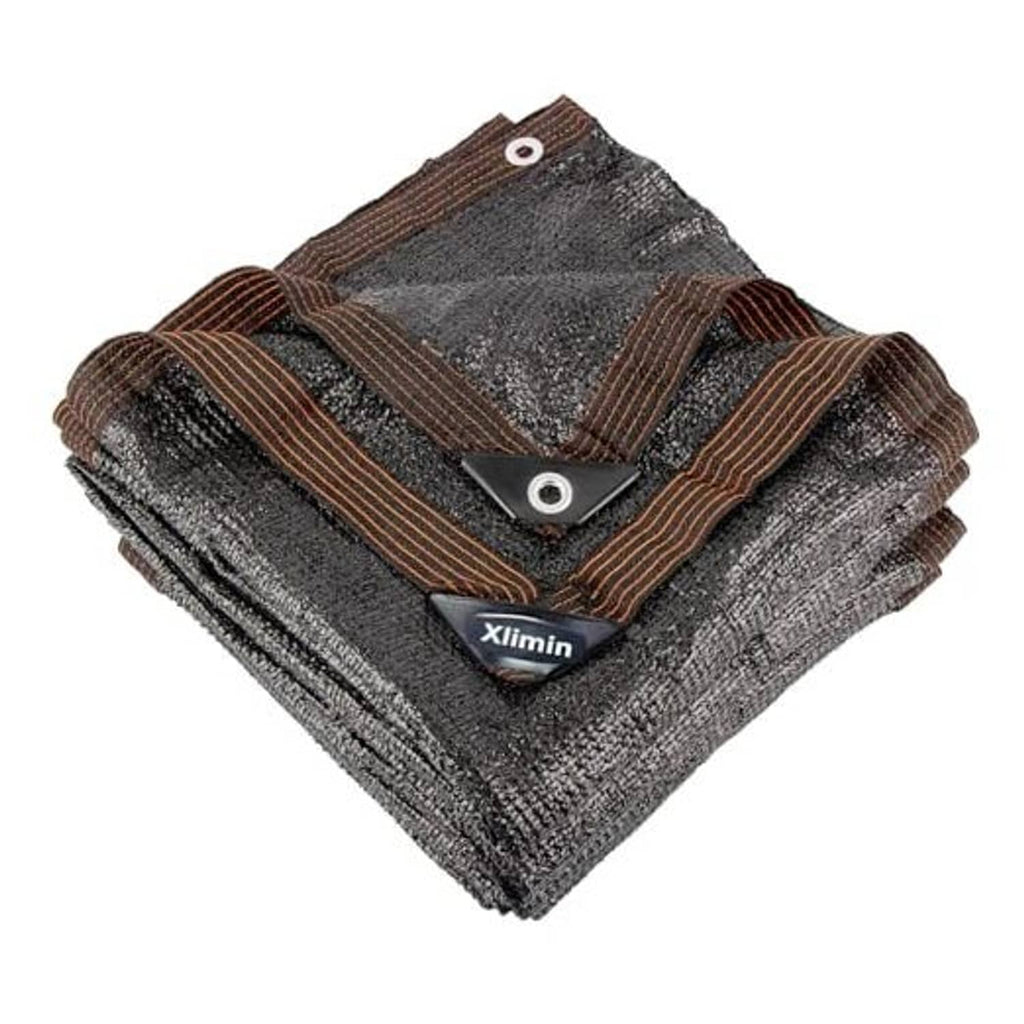 Black and charcoal shade cloth with brown binding and metal grommet tabs