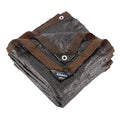Black and charcoal shade cloth with brown binding and metal grommet tabs