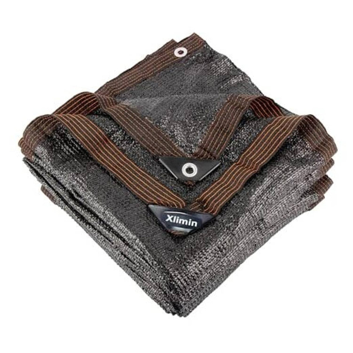 Black and charcoal shade cloth with brown binding and metal grommet tabs