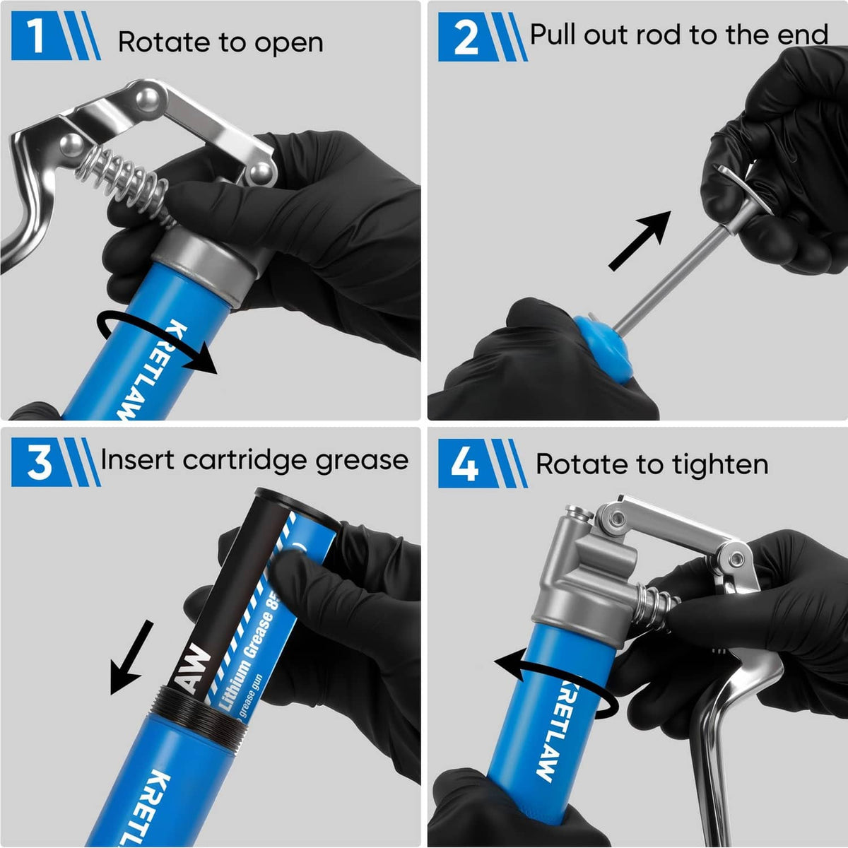 Grease gun operation diagram with cartridge loading and rod rotation, black gloves