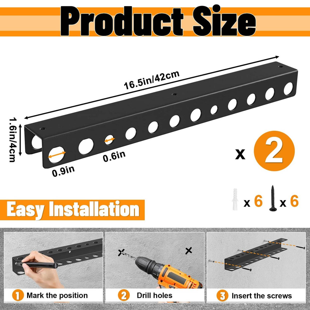 Black metal wall-mount brush holder rail with 12 hole slots and mounting holes