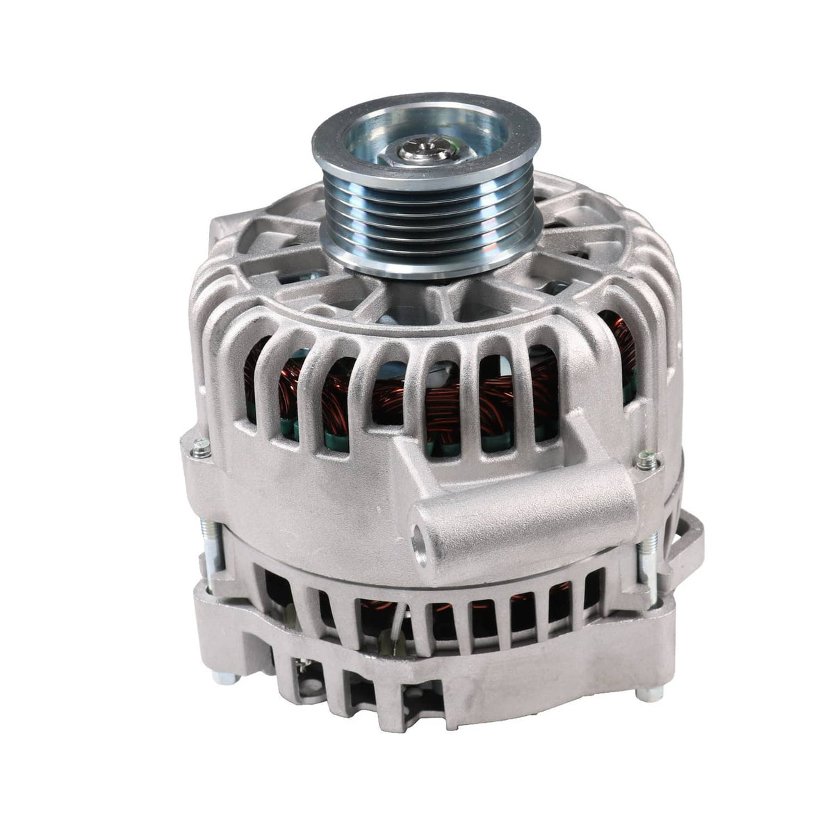 Automotive alternator with blue-gray pulley and front cooling grill detail