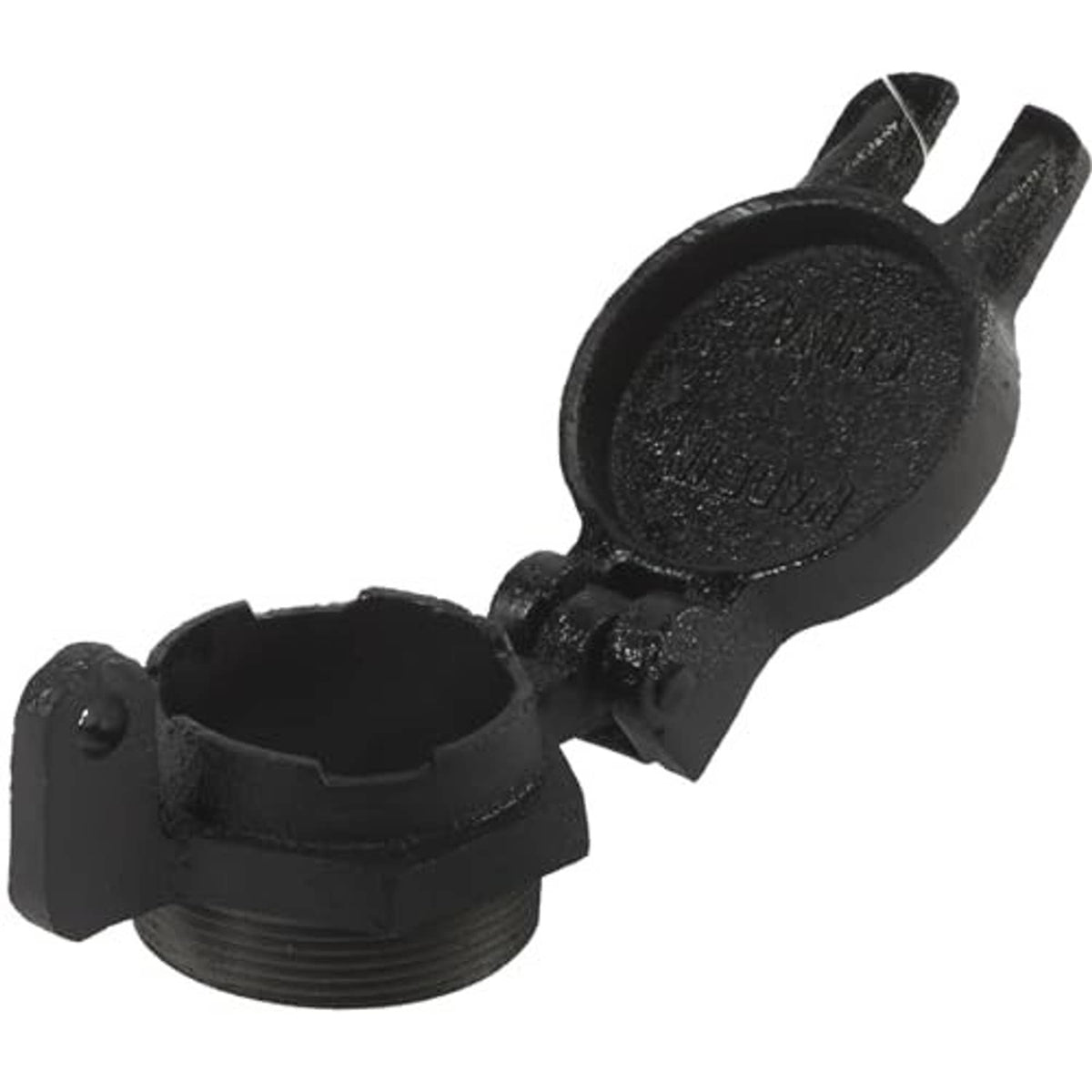 Black vented locking fill cap with hinged door open and circular sealing surface