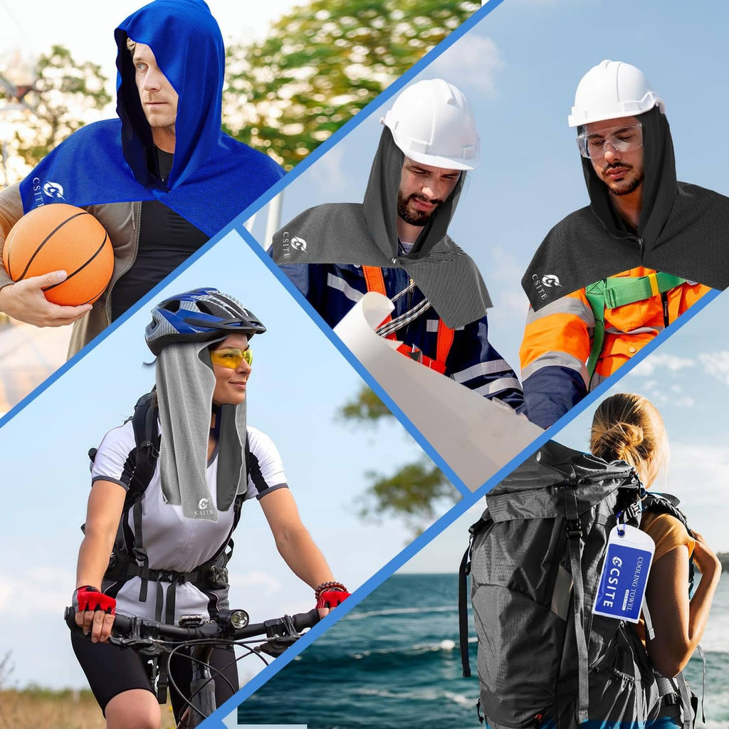 Blue and dark gray hooded cooling hoodie towels worn for outdoor activities
