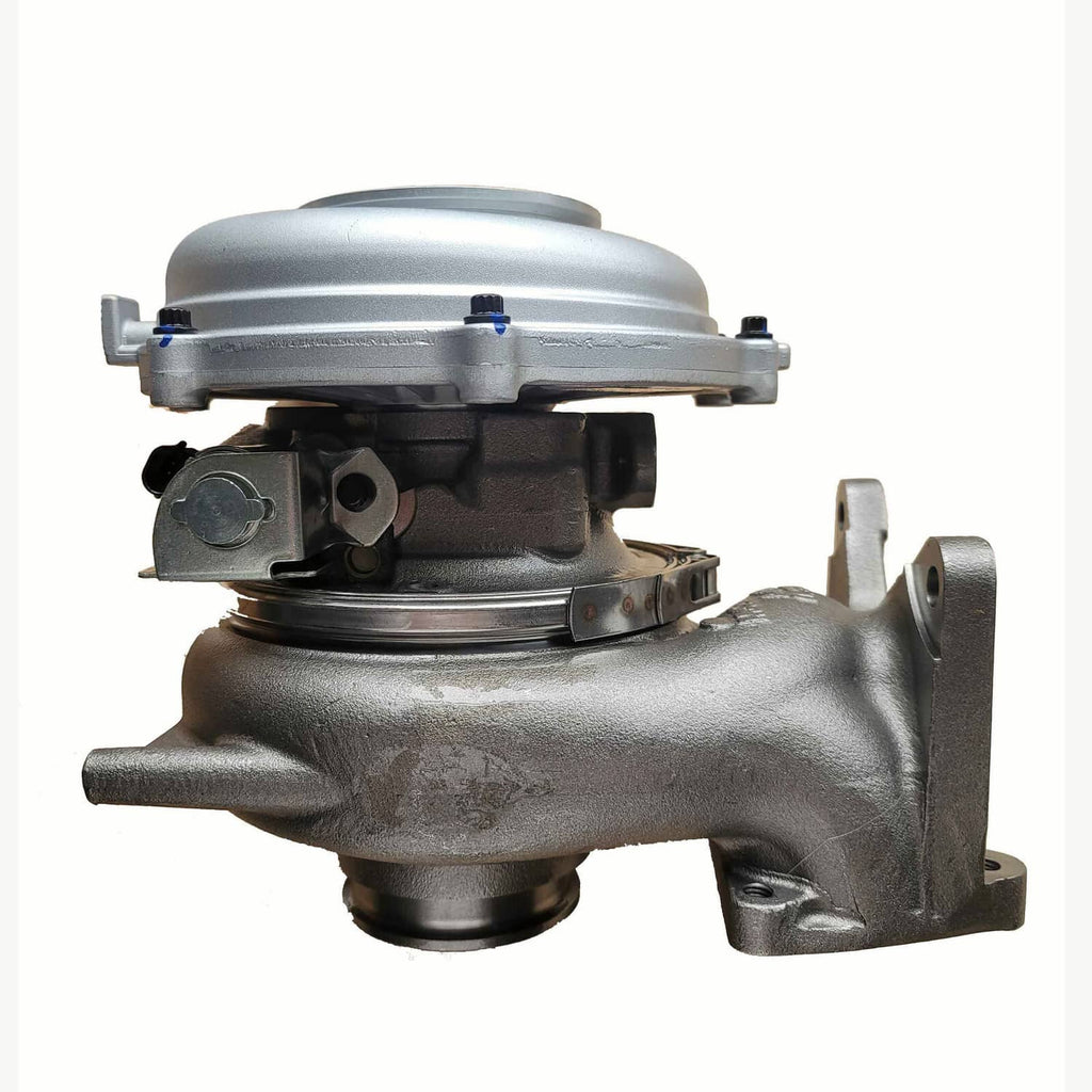 Turbocharger with cast steel body and compressor inlet, three-quarter view