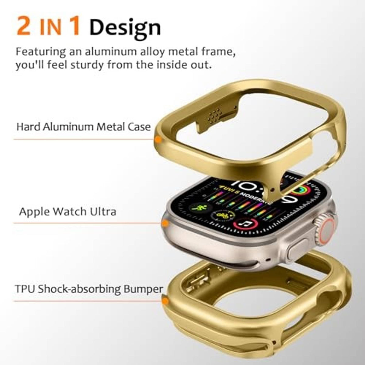2-in-1 rose gold metal smartwatch case frame with shock-absorbing bumper