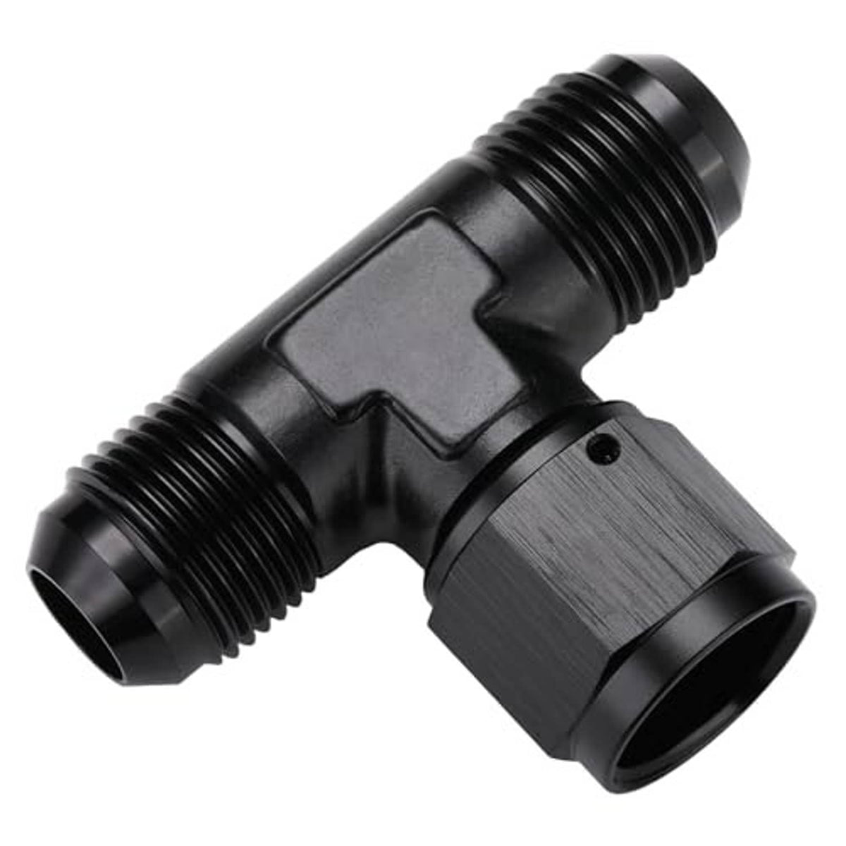 Black AN flare tee fitting adapter close-up, side swivel with threaded female end