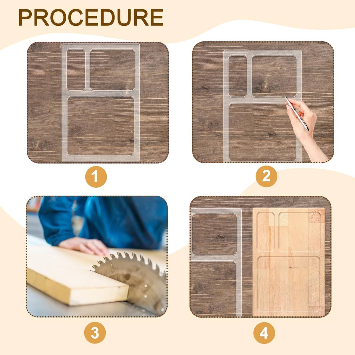 Clear 3-pocket router template shown in step-by-step layout for routing on wood