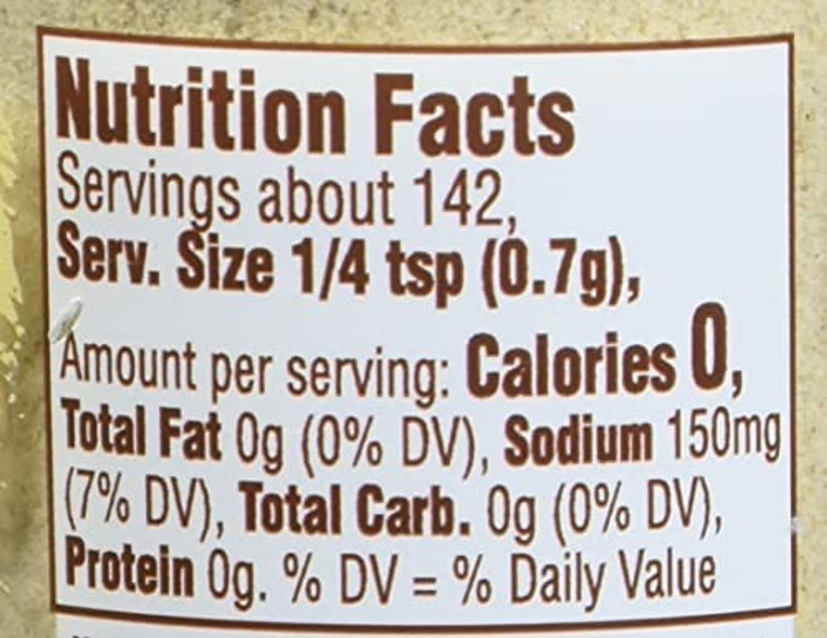 Nutrition Facts label close-up on a seasoning jar