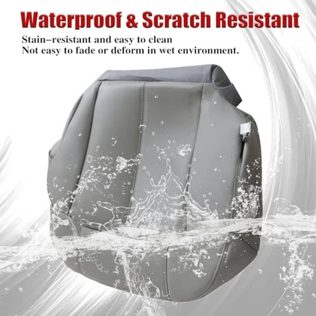 Gray leather seat cover shown as water-and-scratch resistant front cushion.