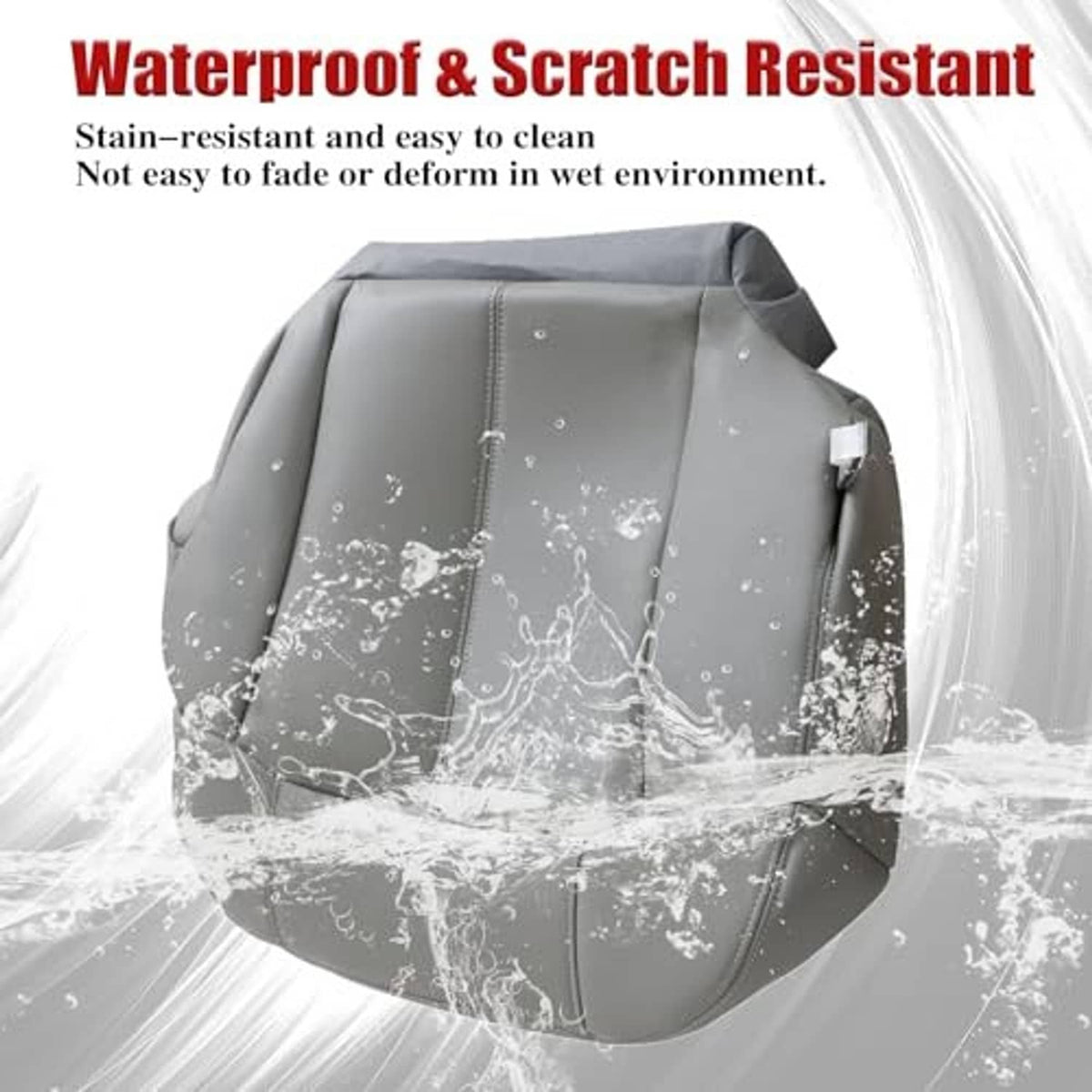 Gray leather seat cover shown as water-and-scratch resistant front cushion.
