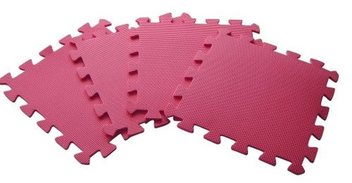 Interlocking foam floor mat tiles in maroon with raised puzzle borders