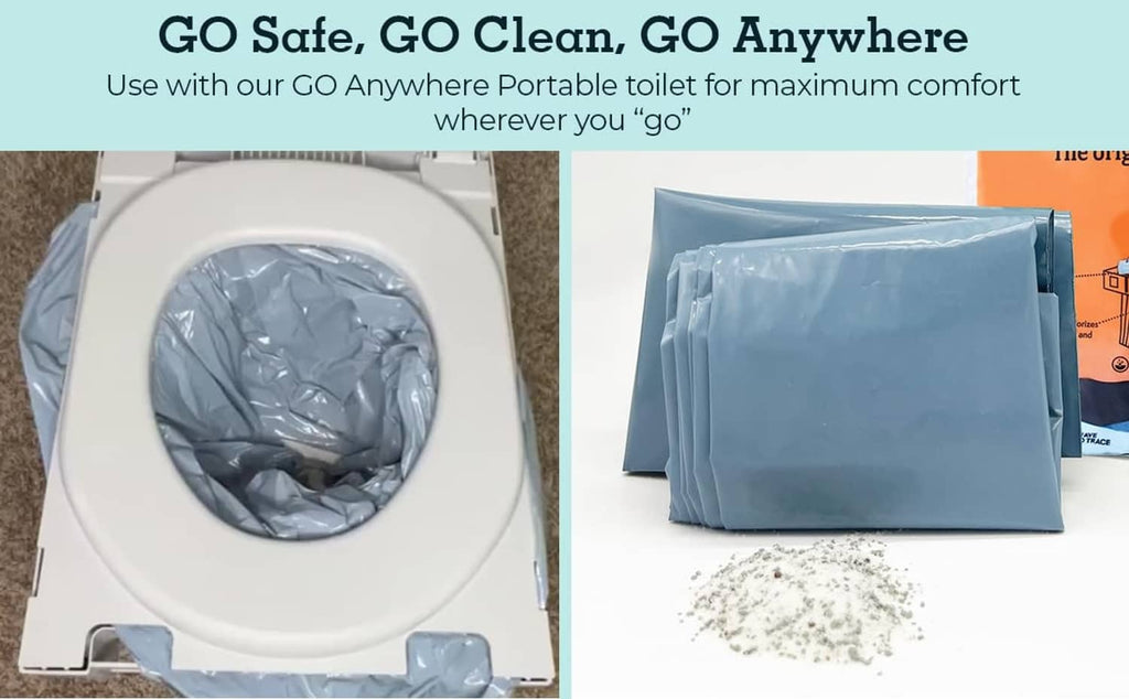 Portable toilet waste bag kit with blue bag insert and gelling powder