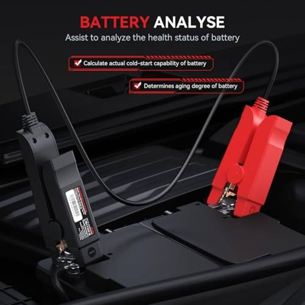 Red and black battery test clips connected to battery terminals with cable
