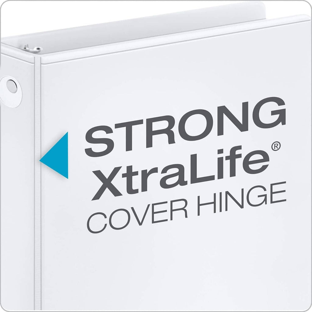 White 1-inch 3-ring binder cover with Strong XtraLife cover hinge branding