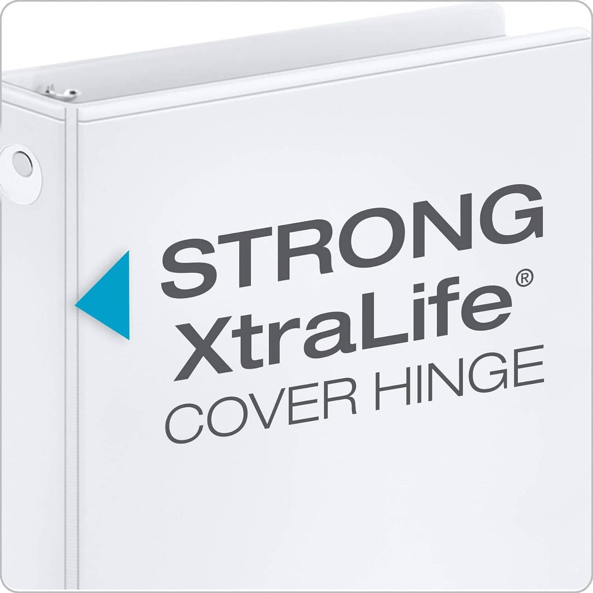 White 1-inch 3-ring binder cover with Strong XtraLife cover hinge branding