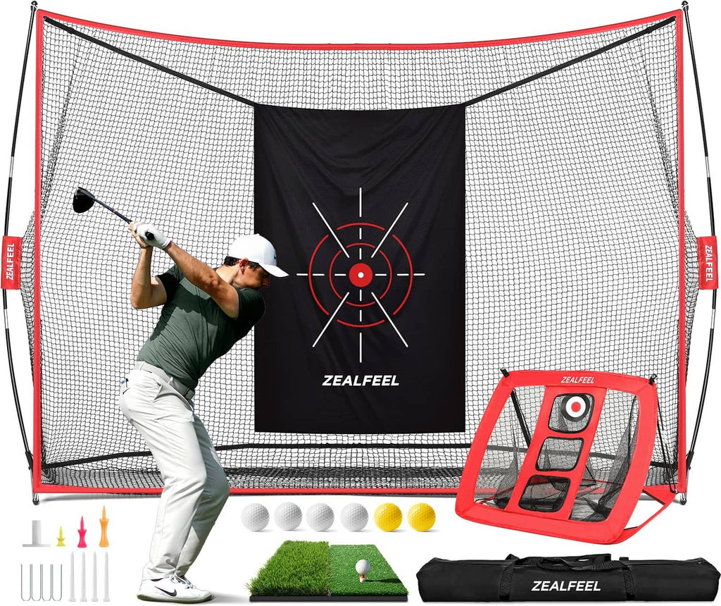 Golf practice net with black target panel and red frame, 10x7 ft