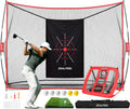 Golf practice net with black target panel and red frame, 10x7 ft