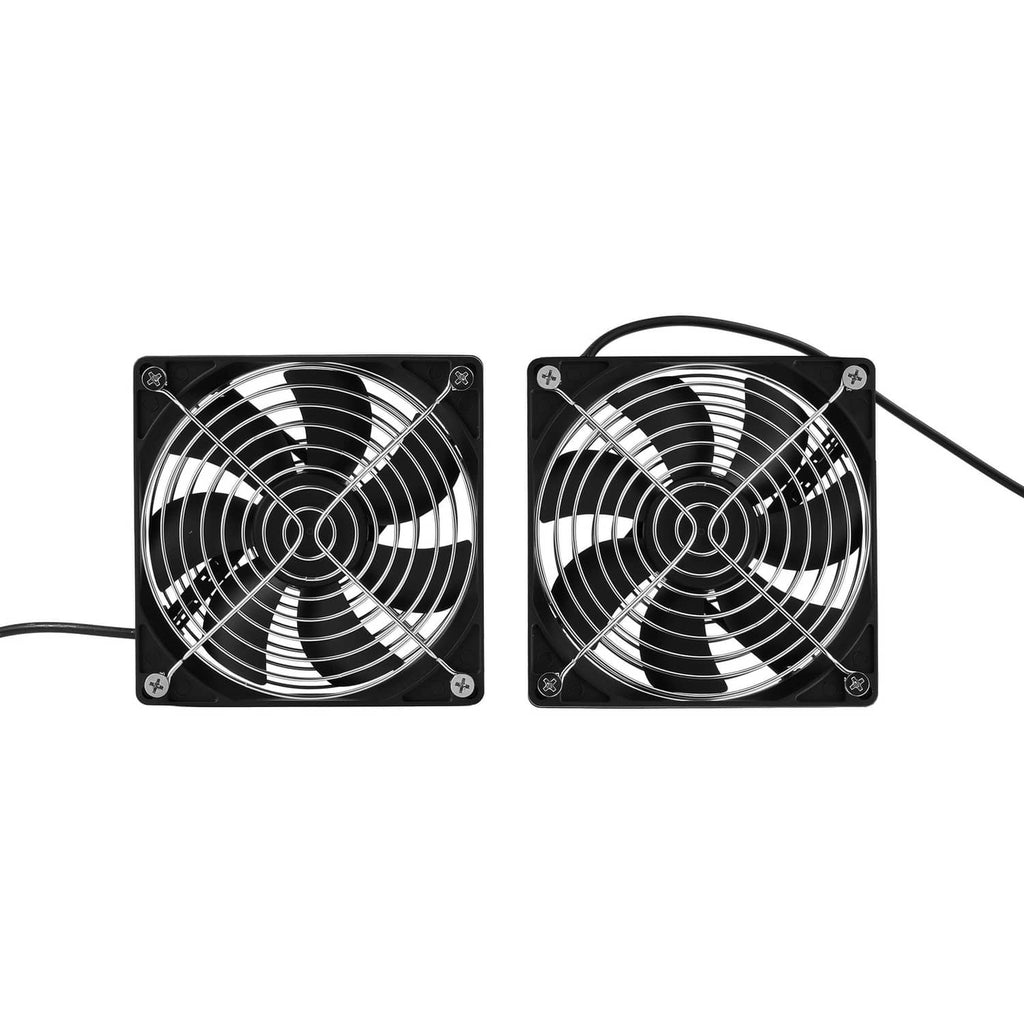 Dual solar ventilation fans with black square grills and visible white blades