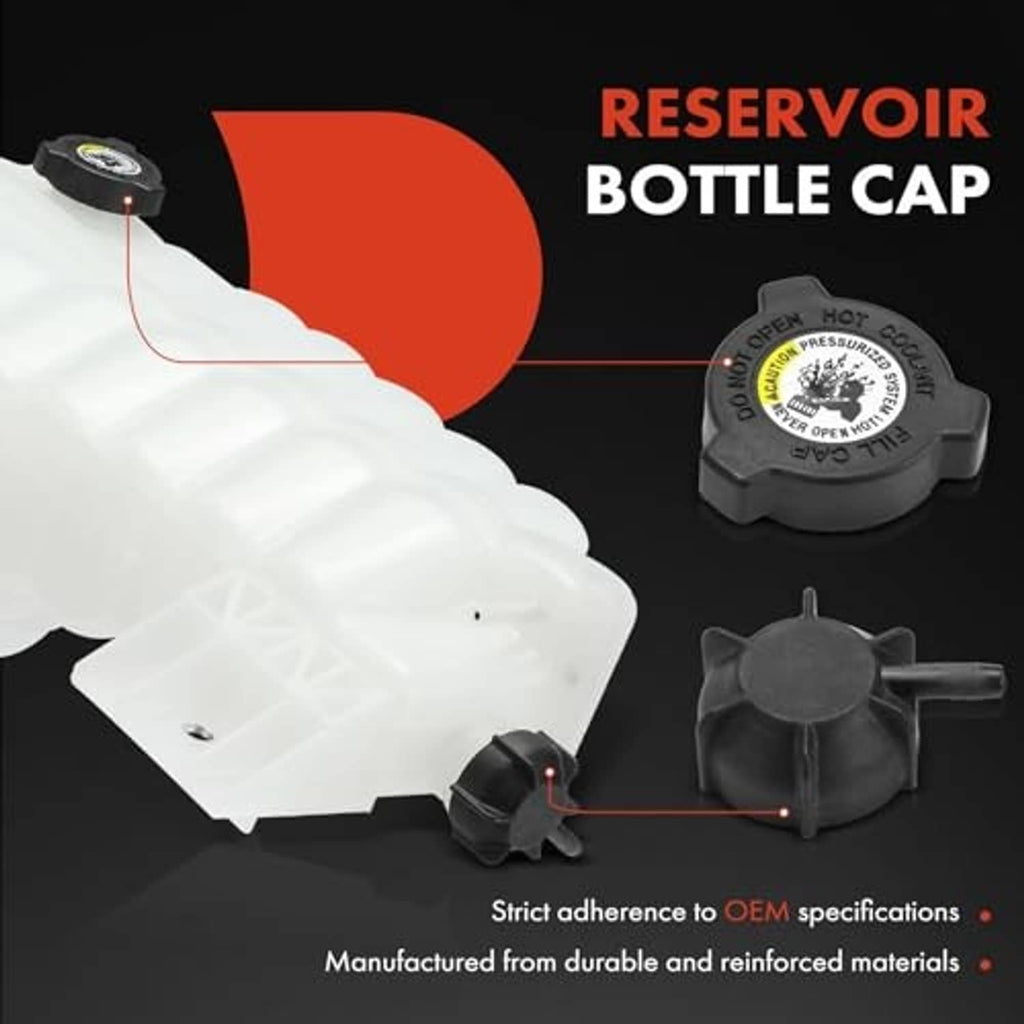 Black reservoir bottle cap with translucent white coolant overflow recovery tank