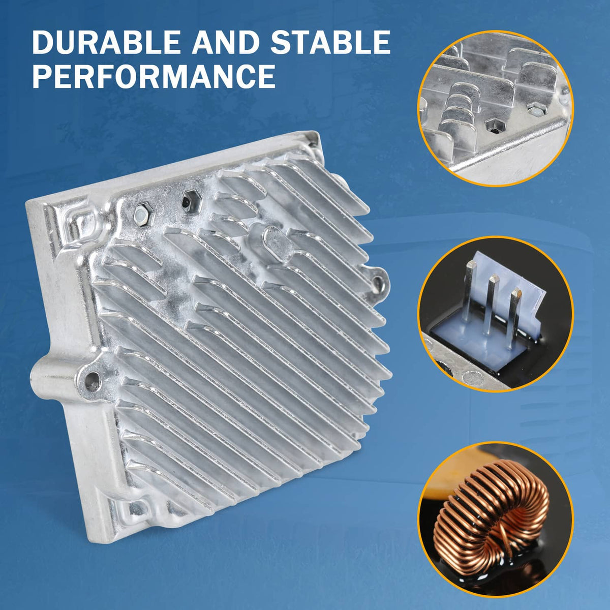 Ribbed aluminum battery charger housing with copper coil and connector terminals