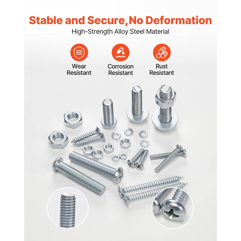 Assorted alloy steel bolts and hex nuts laid out on a light surface