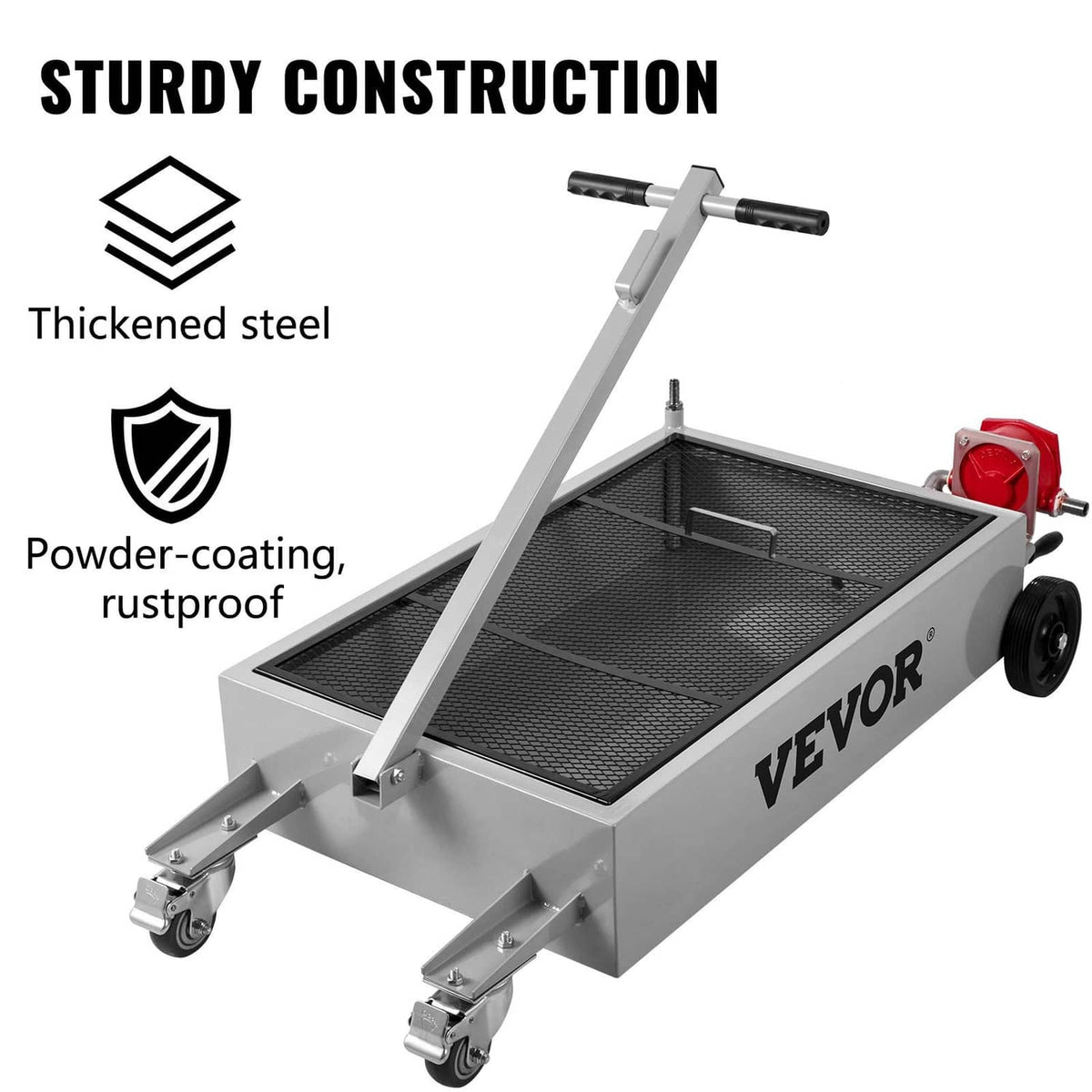Oil drain pan cart with powder-coated silver frame, black mesh tray, and red pump