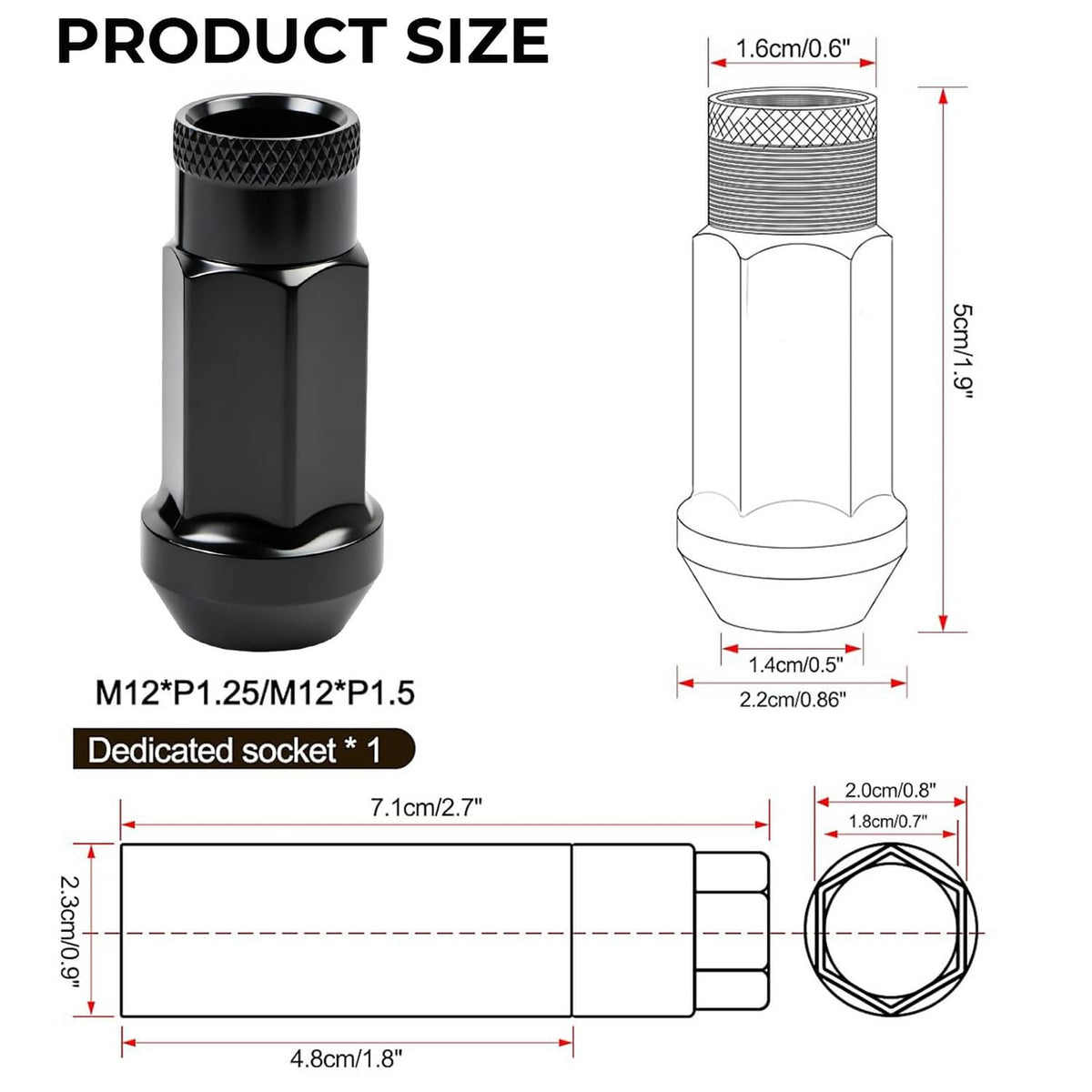 Black extended M12x1.5 wheel lug nut shown with size measurement diagram