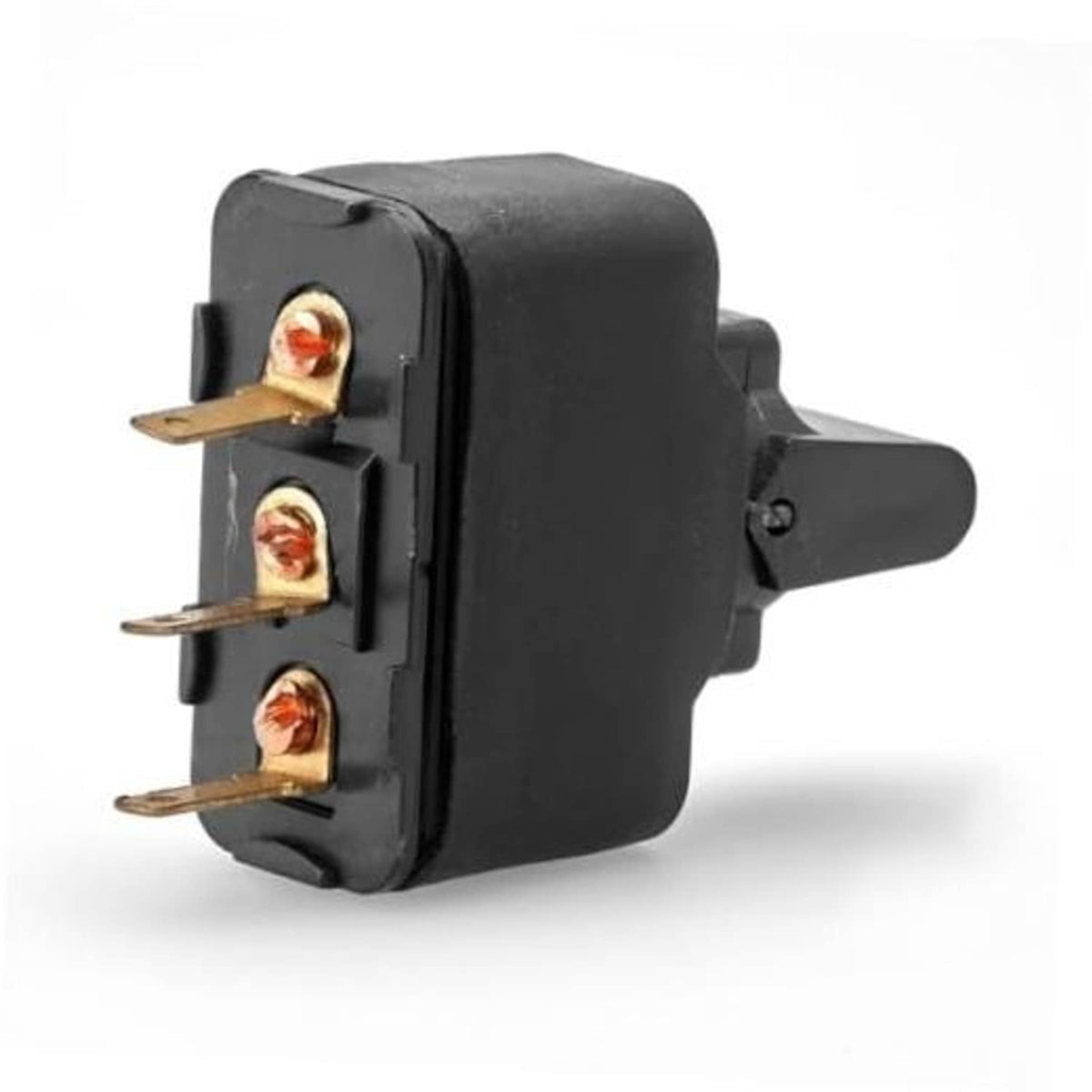 Black remote trim tilt paddle switch with three brass electrical terminals