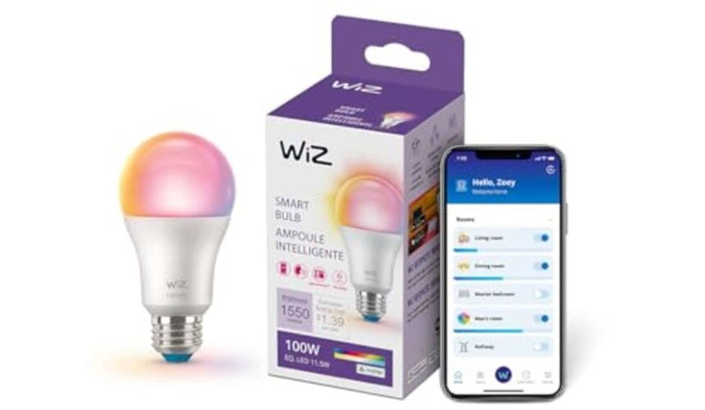Smart LED light bulb with WiZ box and smartphone showing the WiZ app