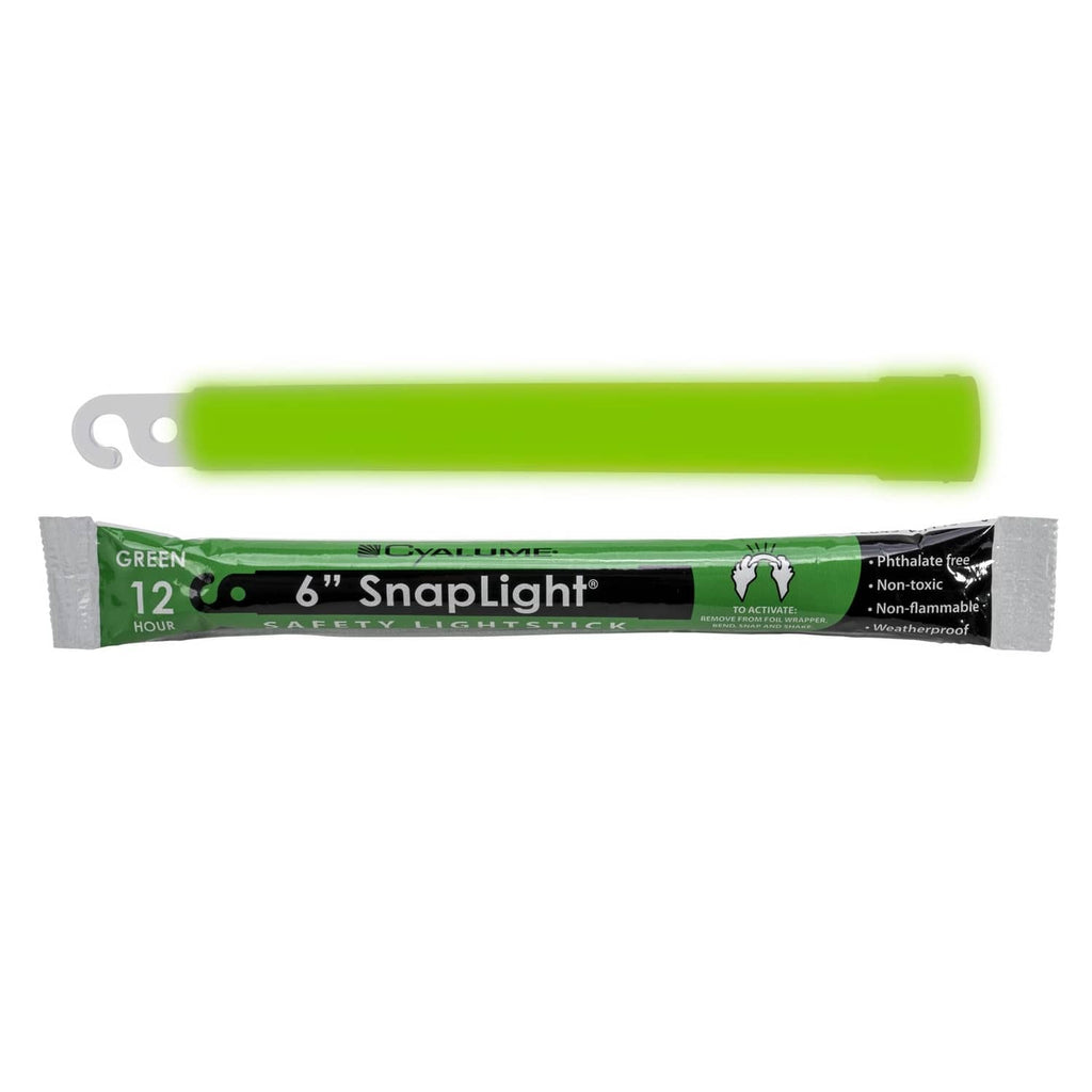 Green 6 in safety glow stick with SnapLight packaging, loop hook end