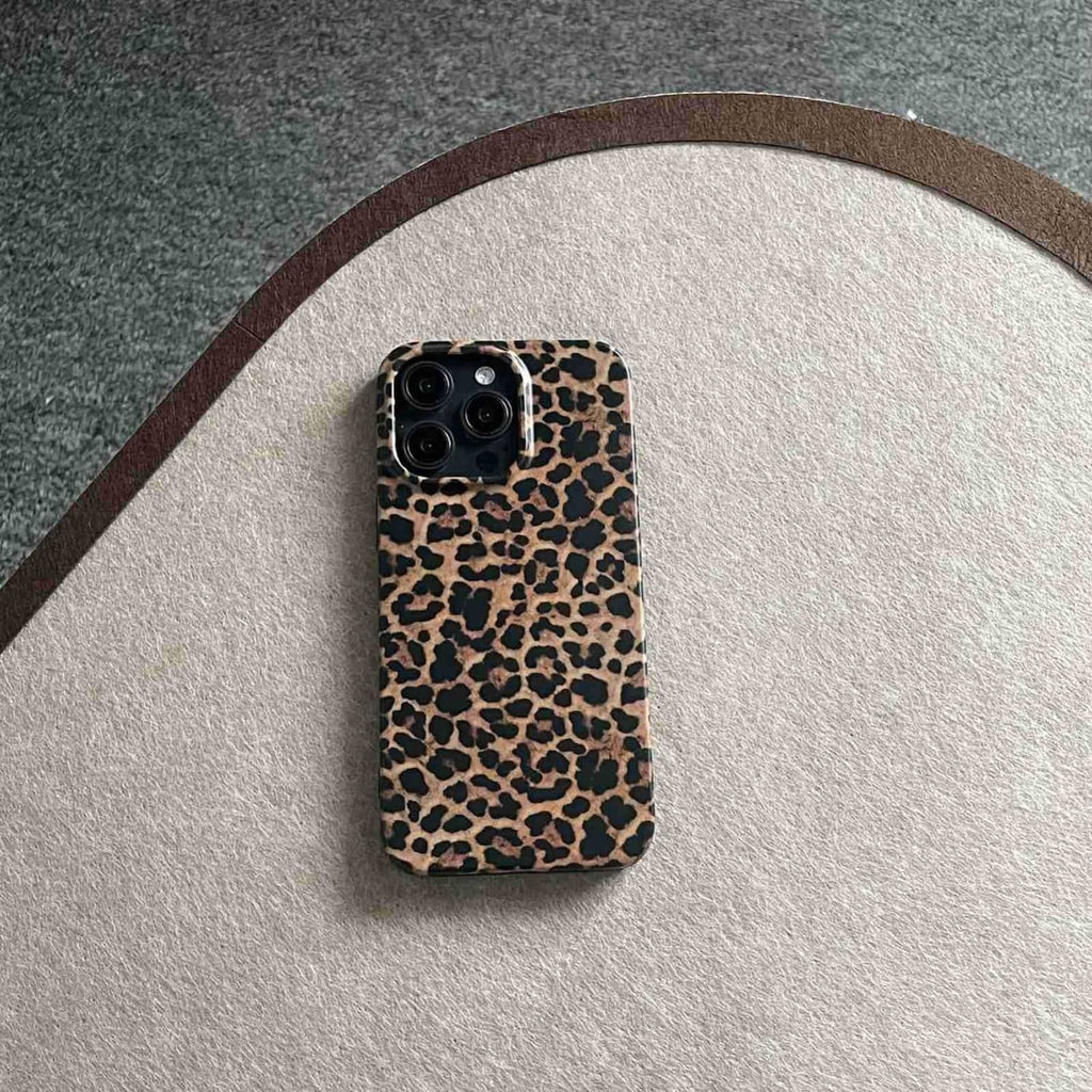 Brown leopard print phone case back view with camera cluster
