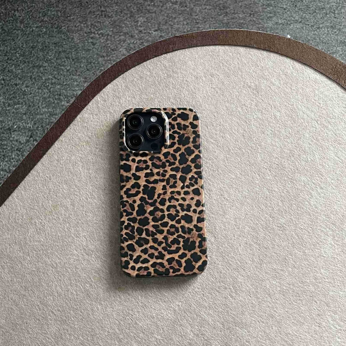 Brown leopard print phone case back view with camera cluster