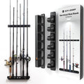 Vertical wall-mounted fishing rod rack with black rubber clamp holders for six rods