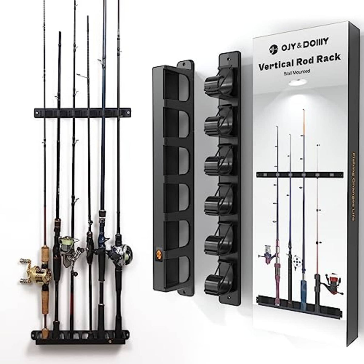 Vertical wall-mounted fishing rod rack with black rubber clamp holders for six rods