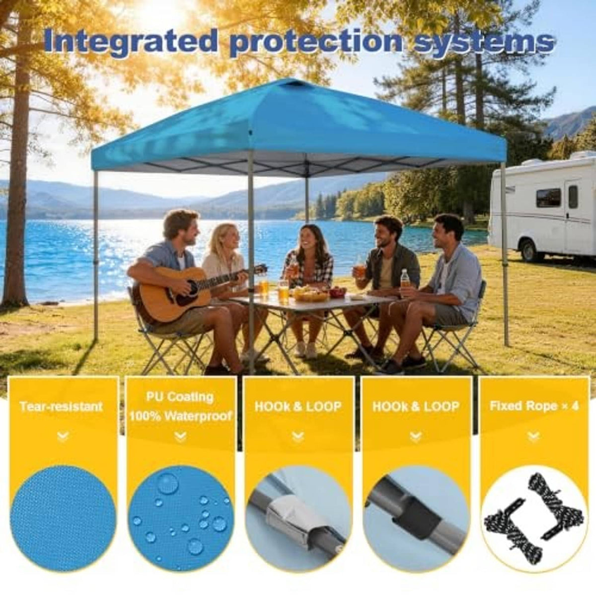 Blue vented canopy replacement top with tear-resistant, waterproof protection system.