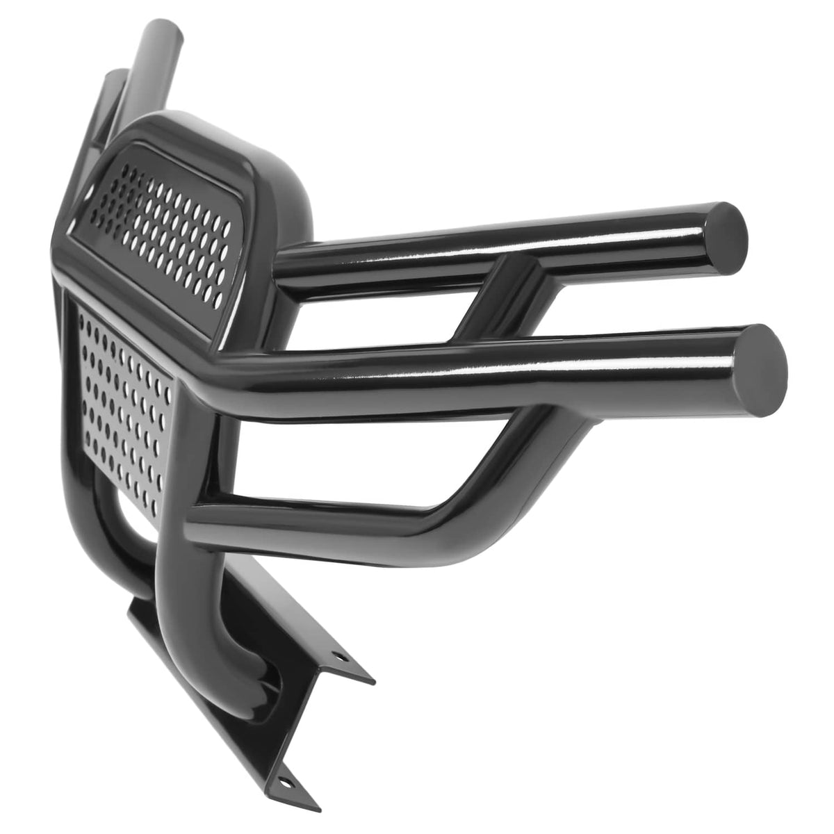 Black brush guard side view with perforated panel and support tabs