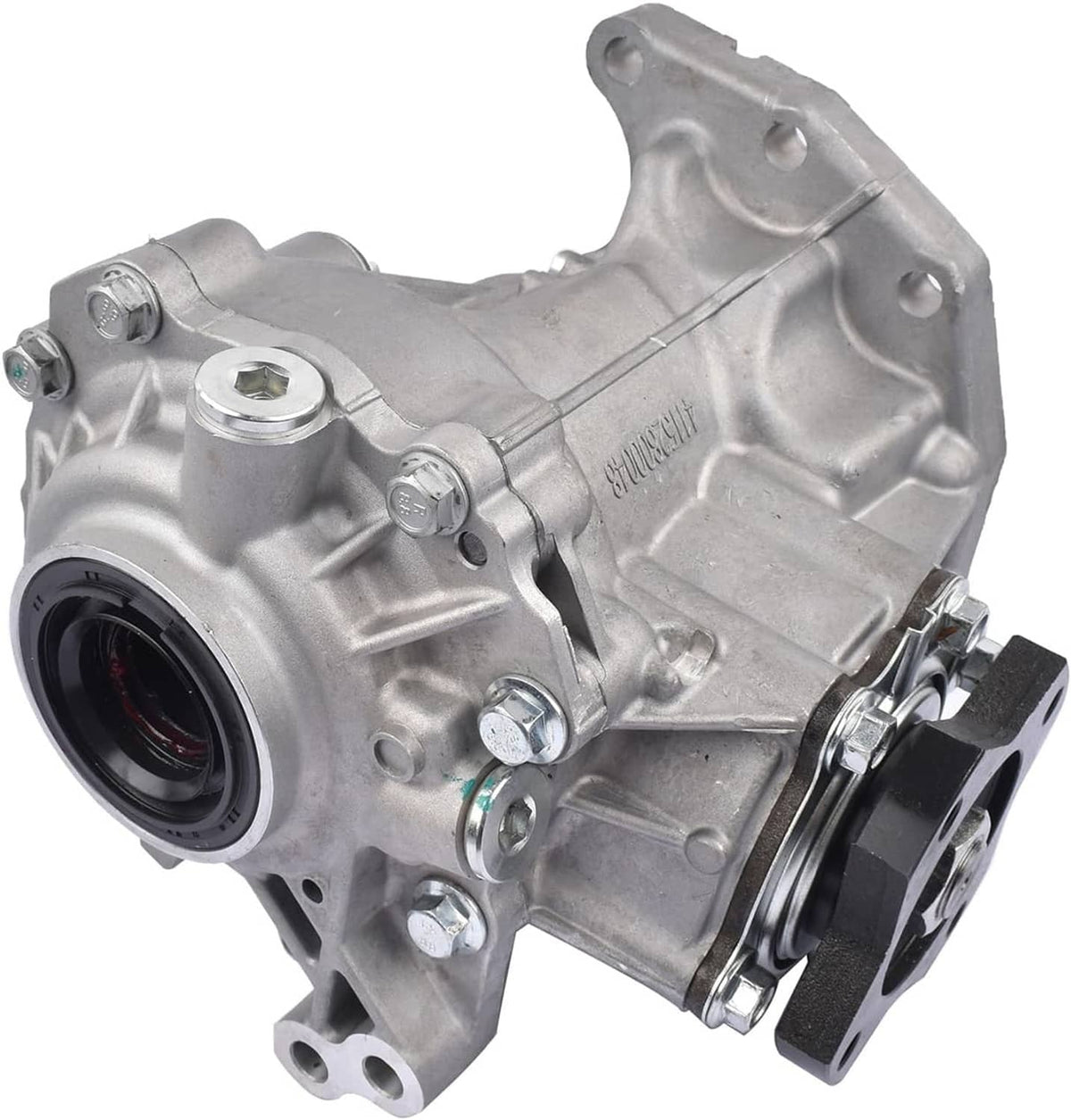 Transfer case assembly with front circular opening and black-and-silver mounting bracket