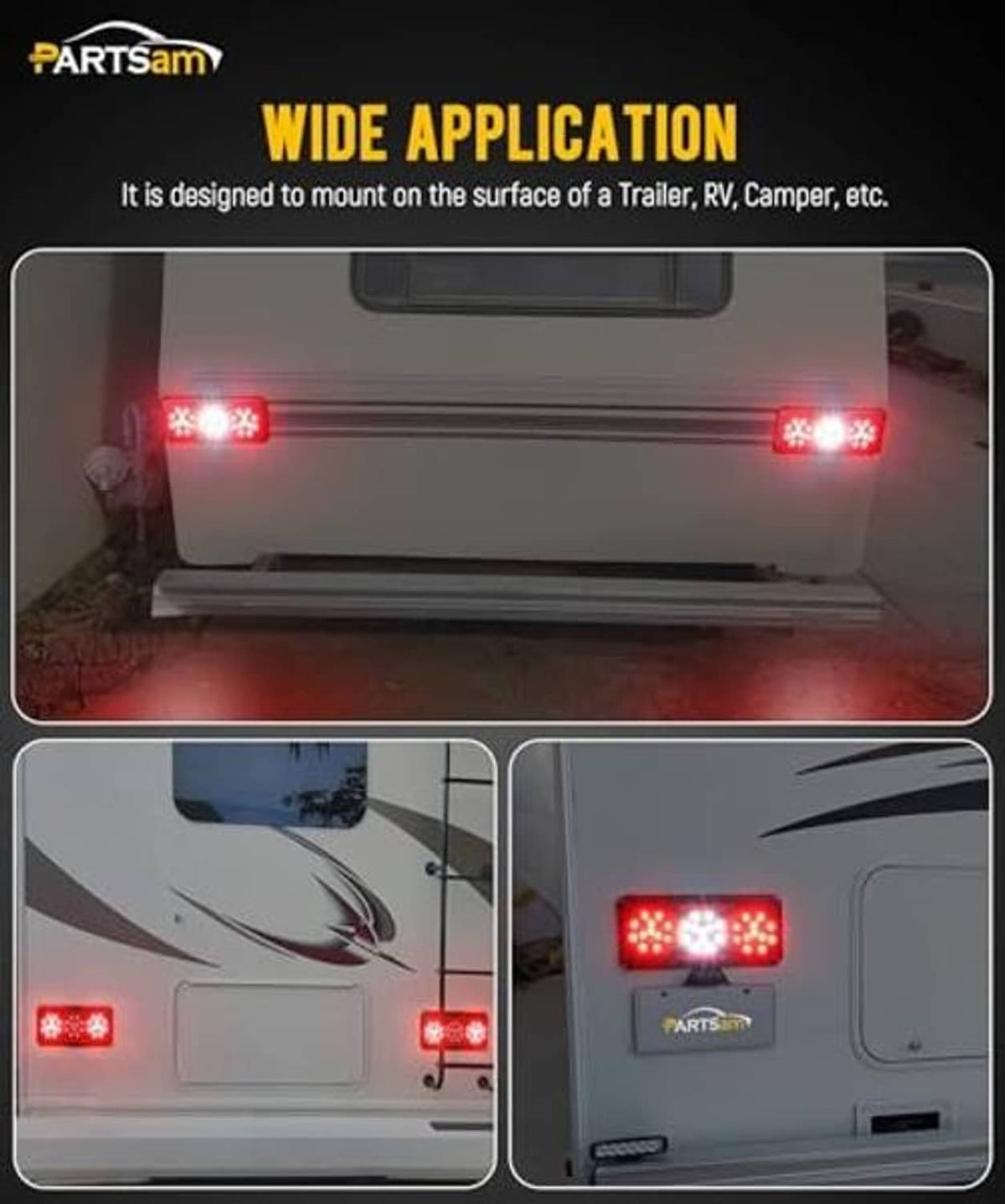 LED trailer tail light installed on RV with red running and brake/turn LEDs lit